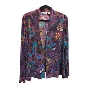 Chico's Travelers Size 2 Purple Blue Slinky Open Front Cardigan Paisley #6728